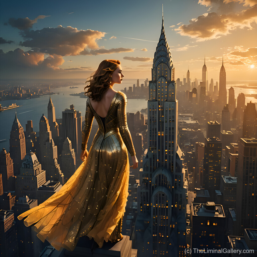 A glowing art deco skyline dreamscape illuminated by the golden hour, radiating nostalgic charm and elegance.